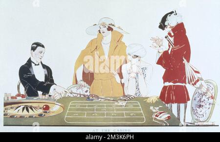 Eine Farbdarstellung, die drei elegante Damen mit einem Croupier zeigt, der an einem Roulette-Rad spielt. Angesichts der Beliebtheit der Resorts an der französischen Riviera, insbesondere Monte Carlo, war das Glücksspiel in den Jahren zwischen den Kriegstagen ein beliebtes Thema bei ILN-Künstlern. Stockfoto