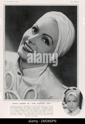 Greta Garbo (1905 - 1990), in „The Painted Veil“. Greta Garbo wurde in Stockholm geboren und wurde während des Studiums an der Dramatischschule des Königlichen Theaters vom schwedischen Regisseur Mauritz Stiller „besetzt“. Ihr erster Hollywood-Film war "The Temptress" 1926. Zu ihren weiteren Erfolgen zählen „Königin Christie“ (1930), „Anna Karenina“ (1935) und „Ninotschka“ (1939). Sie zog sich 1941 aus dem Film zurück, nachdem sie schlechte Kritiken für "zweigesichtige Frau" erhalten hatte. Sie lebte den Rest ihres Lebens als Einsiedlerin in New York. 1934 Stockfoto