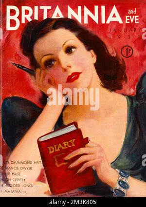 Titelbild von Carl Shreve für Britannia und Eve, das eine junge Frau zeigt, die entscheidet, was sie in ihr Tagebuch schreiben soll. Datum: 01/01/1939 Stockfoto