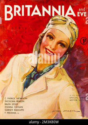 Abbildung auf der Titelseite von Carl Shreve für das Britannia & Eve Magazin mit einer fröhlich aussehenden Frau in Flugzeugausrüstung. Datum: 01/04/1939 Stockfoto