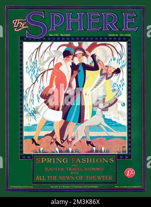 Das Cover-Design für die Frühlings-Modenummer der Sphäre zeigt drei elegant gekleidete Frauen an einem luftigen Frühlingstag mit einem Hund. Datum: 1926 Stockfoto