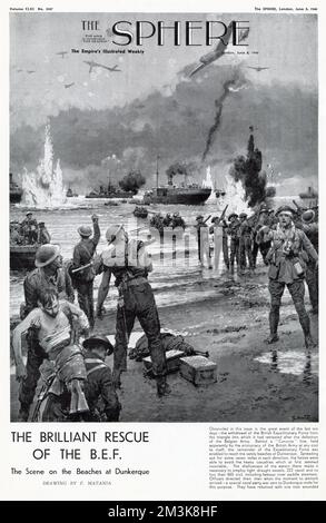 Die dramatische Rettung der britischen Expeditionstruppe aus Dünkirchen im Jahr 1940. Wir haben über 900 Schiffe aus England zur Evakuierung der britischen und französischen Soldaten. Stockfoto