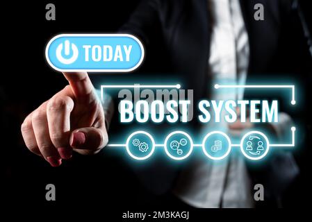 Textschild mit Boost-System. Wort für Rejuvenate Upgrade Stärkung Gesunderer ganzheitlicher Ansatz Stockfoto