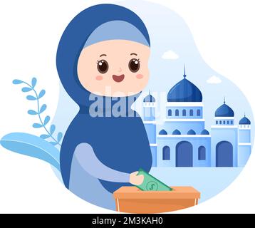 Muslimische Kinder spenden Almosen, Zakat oder Infaq an eine Person, die sie benötigt, in der Abbildung „flache Cartoon-Poster, handgezogene Vorlagen“ Stock Vektor