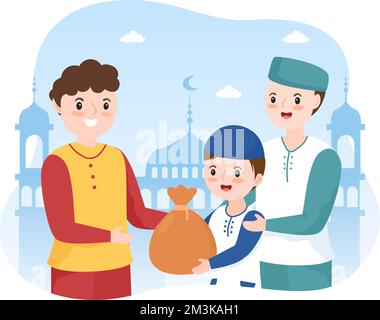 Muslimische Kinder spenden Almosen, Zakat oder Infaq an eine Person, die sie benötigt, in der Abbildung „flache Cartoon-Poster, handgezogene Vorlagen“ Stock Vektor