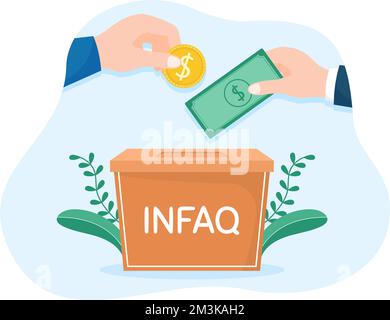 Muslimische Menschen spenden Almosen, Zakat oder Infaq an eine Person, die sie benötigt, in der Abbildung „Flat Cartoon Poster Hand Drawn Templates“ Stock Vektor