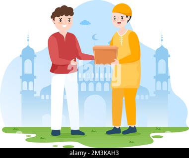 Muslimische Menschen spenden Almosen, Zakat oder Infaq an eine Person, die sie benötigt, in der Abbildung „Flat Cartoon Poster Hand Drawn Templates“ Stock Vektor