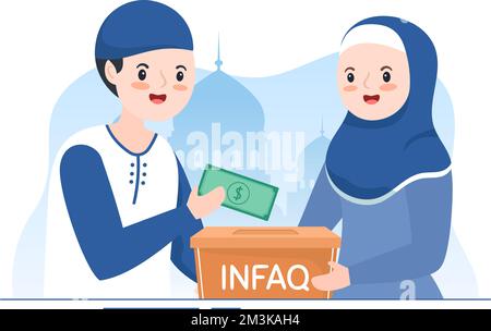 Muslimische Menschen spenden Almosen, Zakat oder Infaq an eine Person, die sie benötigt, in der Abbildung „Flat Cartoon Poster Hand Drawn Templates“ Stock Vektor