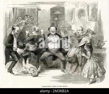 Eine raue Szene mit einer Sammlung von Kindern und Erwachsenen, die Blind man's Buff spielen. Datum: 1849 Stockfoto
