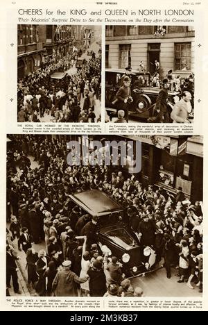 Eine Seite aus der Sphäre, auf der König George VI. Und Königin Elizabeth einen überraschenden Besuch abstatten, um die Dekorationen am Tag nach der Krönung in Clerkenwell, Islington, North London, zu sehen. Das königliche Auto, das von den patriotischen Schnecken bedrängt wird, muss die Polizei einen Weg durch die Menschenmassen erzwingen, bevor das Auto fast zum Stillstand kommt. 13. Mai 1937 Stockfoto