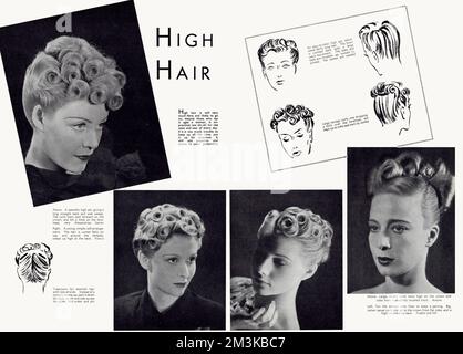 Hohes Haar mit langem geradem Rücken, seitlicher Wischbewegung und Locken weit nach vorne auf der Krone waren 1938 in hohem Maße die Mode. 1938 Stockfoto