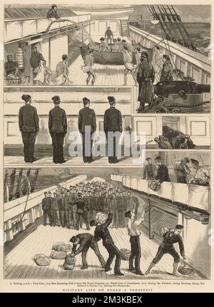 Verschiedene Szenen an Bord eines Militärschiffs, einschließlich kommunales Baden, Marinecode der Bestrafung und das Verbringen von Hängematten. Datum: 7.. Juni 1879 Stockfoto