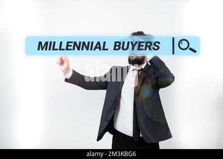 Schreiben mit Text Millennial Buyers. Wort über die Art der Verbraucher, die an Trendprodukten interessiert sind Stockfoto