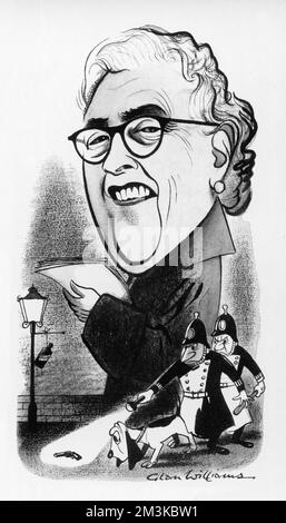 Dame Agatha Christie (1891-1976), englische Schriftstellerin und Schriftstellerin von Kriminalromanen, in Karikatur als Figur dargestellt, die sich über einem ziemlich humorvollen Tatort abzeichnet. Datum: 1956 Stockfoto