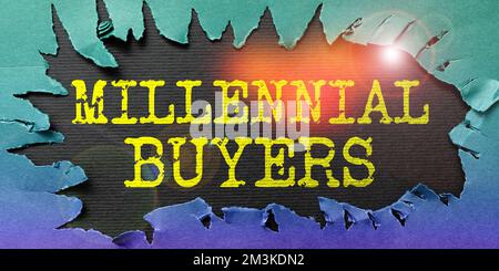 Schreiben mit Text Millennial Buyers. Geschäftsansatz Art der Verbraucher, die an Trendanalysen für Produkte interessiert sind Stockfoto