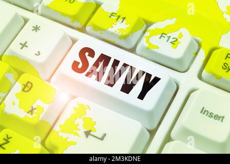 Textzeichen mit Savvy. Wort für Wahrnehmung, Verständnis in praktischen Angelegenheiten Stockfoto