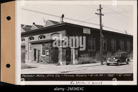 Palmer Mills, Otis Co., Three Rivers, Palmer, Mass., Aug. 14, 1939 : kein Block oder Grundstück , Wasserwerke, Immobilien, Flüsse, Wassereinzugsgebiete, Hygienebedingungen, Fabrikstrukturen, allgemeine Ansichten, Autos Stockfoto
