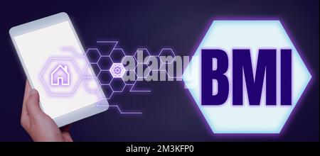Text mit Inspirations-BMI. Geschäftskonzept Methode zur Schätzung des Körperfettgehalts auf Gewichts- und Grössenbasis Stockfoto