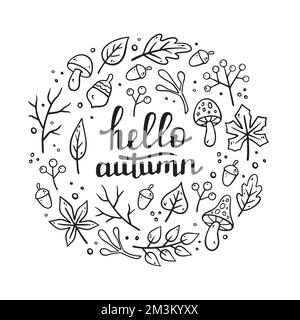 HALLO HERBST handgeschriebener Schriftzug. Dekoratives rundes Herbstdesign mit Herbstelementen - Pilze, Eichenblätter, Ahornblätter, Herbstblätter, Eicheln, trockene Zweige. Vektorillustration im Doodle-Stil. Stock Vektor