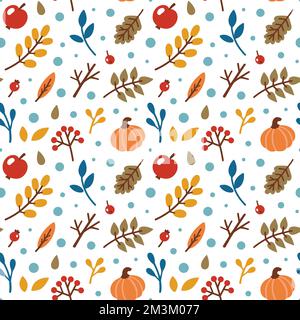Nahtloses Herbstmuster, Stoff, Textil, Struktur. Vektorblumen-Illustration. Sturzmuster. Herbstelemente - Kürbis, Apfel, Blätter, Beeren. Stock Vektor