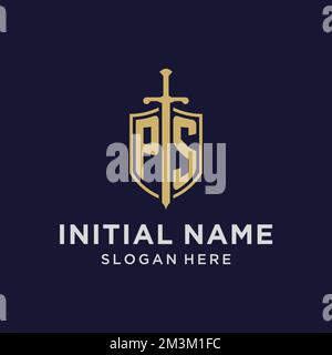 Erstes Monogramm mit PS-Logo und Design-Ideen für Schild und Schwert Stock Vektor