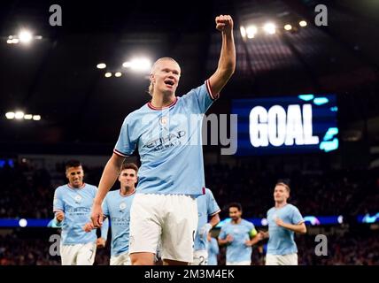 Dateifoto von 05-10-2022 von Erling Haaland aus Manchester City, der einen Doppelten erzielte, als Manchester City den FC Copenhagen 5-0 in der Champions League besiegte. Bilddatum: Mittwoch, 5. Oktober 2022. Ausgabedatum: Freitag, 16. Dezember 2022. Stockfoto