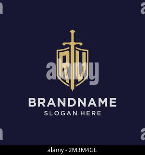 Erstes Monogramm mit RV-Logo und Design-Ideen für Schild und Schwert Stock Vektor