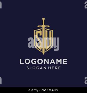 ERSTES Monogramm MIT SU-Logo und Design-Ideen für Schild und Schwert Stock Vektor