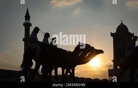 Sicherheitskräfte mit ihren Kamelen auf einer Wiese vor dem Amiri Diwan, dem offiziellen Arbeitsplatz und dem Büro des Emirs des Staates Katar im Sonnenuntergang Sicherheitskräfte mit ihren Kamelen auf einer Wiese vor dem Amiri Diwan, Der offizielle Arbeitsplatz und das Büro des Emir des Staates Katar bei Sonnenuntergang Fussball WM 2022 in Katar FIFA Fußball-Weltmeisterschaft 2022 © diebilderwelt / Alamy Stock Stockfoto