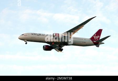 Datei Foto vom 19.01/16 eines Virgin Atlantic Airways Boeing 787-9 Dreamliner Flugzeugs, da Virgin Atlantic den weltweit ersten „net zero“ Transatlantikflug betreiben wird, hat das Verkehrsministerium angekündigt. Stockfoto