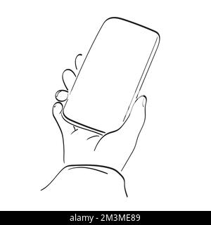 Strichgrafik Hand Halten Smartphone Illustration Vektor Hand isoliert auf weißem Hintergrund gezeichnet Stock Vektor