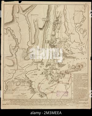 Ein Plan von New York Island, mit einem Teil von Long Island, Staten Island & East New Jersey, mit einer besonderen Beschreibung des Engagements auf den Woody Heights von Long Island, zwischen Flatbush und Brooklyn, am 27.. August 1776 : Zwischen General Howe und den Amerikanern unter Major General Putnam, der Landung der britischen Armee auf New York Island und der Übernahme der Stadt New York &c. Am 15.. September darauf, mit der anschließenden Disposition der beiden Armeen, Long Island, Battle of, New York, N.Y. 1776, Karten, frühe Arbeiten bis 1800 Stockfoto