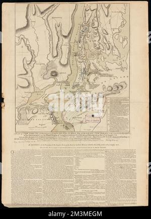 Ein Plan von New York Island, mit einem Teil von Long Island, Staten Island & East New Jersey, mit einer besonderen Beschreibung des Engagements auf den Woody Heights von Long Island, zwischen Flatbush und Brooklyn, am 27.. August 1776 : Zwischen General Howe und den Amerikanern unter Major General Putnam, der Landung der britischen Armee auf New York Island und der Übernahme der Stadt New York &c. Am 15.. September darauf, mit der anschließenden Disposition der beiden Armeen, Long Island, Battle of, New York, N.Y. 1776, Karten, frühe Arbeiten bis 1800 Stockfoto