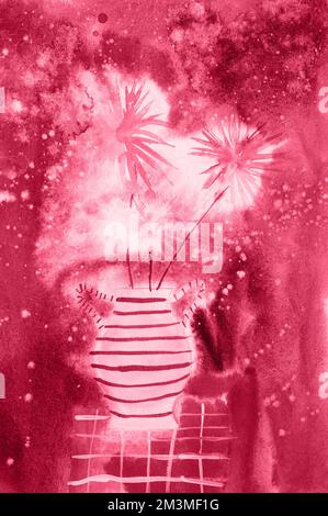 Kindermalerei in Aquarellfarben - Vase Bouquet helle blühende Chrysanthemen blühen in voller Blüte als festliches Salutfeuerwerk. Kinder, Kunstmalerei. t Stockfoto