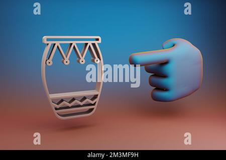 Schöne Illustrationen der abstrakte Zeigefinger zeigt auf das Symbol „Big Bongo“ auf einem mehrfarbigen hellen Hintergrund. 3D-Rendering-Abbildung. Backg Stockfoto