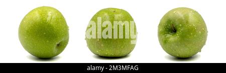 Eine Reihe von Bildern von Apple Variety. Grüner Apfel isoliert auf weißem Hintergrund. Beschneidungspfad. Volle Schärfentiefe. Schließen Stockfoto