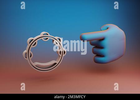 Schöne Illustrationen der abstrakte Zeigefinger zeigt auf das Symbol „Big Tambourine“ auf einem mehrfarbigen hellen Hintergrund. 3D-Rendering-Abbildung. Stockfoto