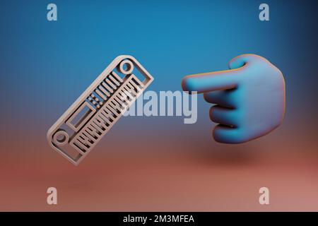 Schöne Illustrationen Abstrakter Zeigefinger zeigt auf langes Synthesizer-Symbol auf mehrfarbigem hellen Hintergrund. 3D-Rendering-Abbildung Stockfoto