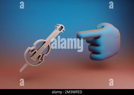 Schöne Illustrationen Abstrakter Zeigefinger zeigt auf ein geneigtes Cello-Symbol auf einem mehrfarbigen hellen Hintergrund. 3D-Rendering-Abbildung. Stockfoto
