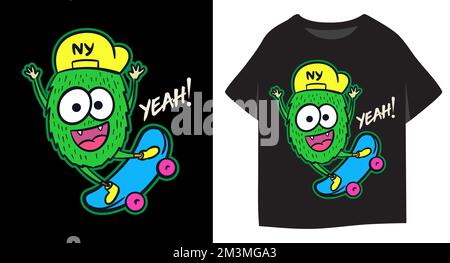 Lustiges kleines Monster mit Mütze, das Skateboard spielt Illustration für Kinder T-Shirt Design mit Schablone Stock Vektor