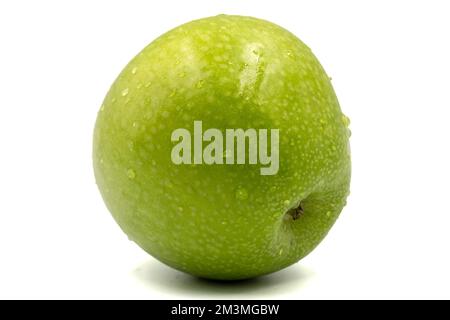 Grüner Apfel isoliert auf weißem Hintergrund. Beschneidungspfad. Volle Schärfentiefe. Schließen Stockfoto