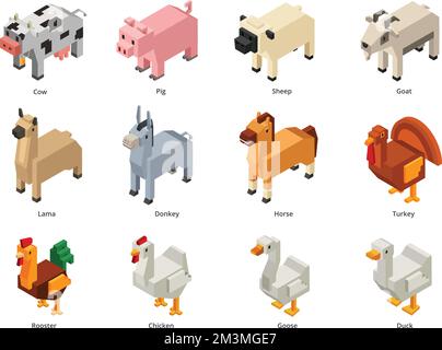Isometrische Nutztiere. Kuh, Schwein und Schaf mit niedrigem Polyestergehalt. Polygonale Ziege, Voxel Hausvögel und Pferd 3D Cartoon-Vektorset Stock Vektor
