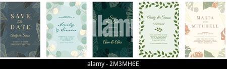 Einladung zur Hochzeit mit goldenem Blumenmotiv. Eleganter Rahmen mit luxuriösen botanischen Blattverzierungen und grünes Laub laden zum Vorlageset ein Stock Vektor