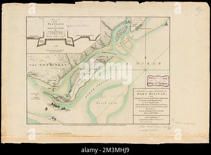 Ein Plan des Angriffs auf Fort Sulivan in der Nähe von Charles Town in South Carolina: Von einem Geschwader der Schiffe seiner Majestät, am 28.. Juni 1776, mit der Verfügung der Landstreitkräfte des Königs, und den Lagern und Vertiefungen der Rebellen aus den Zeichnungen, die vor Ort gemacht wurden, Fort Moultrie, Schlacht von, S.C., 1776, Karten, frühe Werke bis 1800, Festung, South Carolina, Karten, frühe Werke bis 1800, Fort Moultrie S.C., Geschichte, Revolution, 1775-1783, Karten, frühe Arbeiten bis 1800, Fort Sullivan S.C., Geschichte, Revolution, 1775-1783, Karten, frühe Werke der Norman B. Leventhal Map Center Collection 1800 Stockfoto