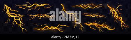 Set von gelben Blitzen, elektrische Gewitter schlagen während des nächtlichen Sturms. Starke elektrische Entladung, Aufprall, Riss, magische Energie Blitz. Realistisch Stock Vektor