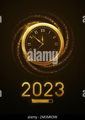 Die Countdown-Uhr für das neue Jahr 2023 zeigt das neue Jahr 2023 mit einer goldenen Uhr und Glitzer aus Metall. Die letzten Sekunden des Jahres 2023 Stockfoto