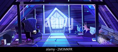 Dachboden mit Schädel auf dem Sessel, Spinnennetz in dunklen Ecken, gruselige Eule, altes Personal auf dem Boden und Mond, der durch das Fenster scheint. Gruselige Halloween-Atmosphäre Stock Vektor