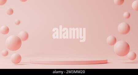 Produktplatzierung abstrakter Hintergrund. Minimalistisches geometrisches Grafikmodell. Trommelpodium mit Kugeln auf weichem rosa Hintergrund mit leerem Pumpenentlüfter Stockfoto