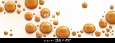 Tropfen Karamellsoße, Toffee, Süßigkeiten oder Sirup. Bannervorlage mit flüssiger süßer Sauce, Milchschokolade oder Karamellspritzer auf weißem Hintergrund, V Stock Vektor