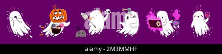 Ein Set süßer Halloween-Geister, isoliert im Hintergrund. Comic-Boo-Figur ängstlich, Süßes oder Saures, mit dem Schädel am Grab zu spielen, magisches Potio kochen Stock Vektor